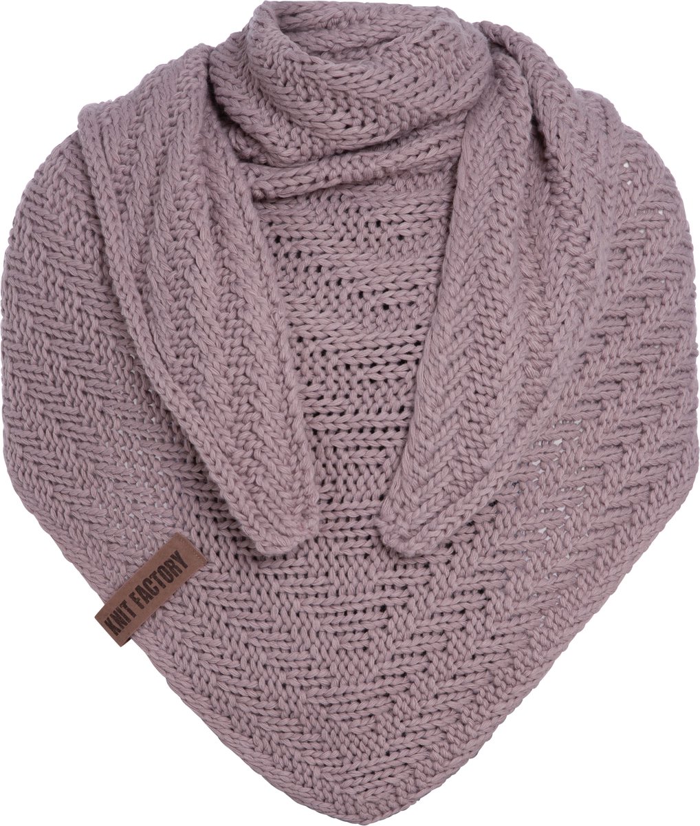Knit Factory Sally Gebreide Omslagdoek - Driehoek Sjaal Dames - Dames sjaal - Wintersjaal - Stola - Wollen sjaal - Roze sjaal - Mauve - 220x85 cm - Grof gebreid