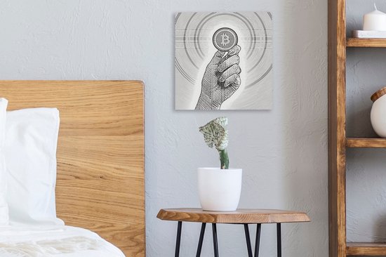 Canvas Schilderij Gravure illustratie van een hand met een bitcoin - 20x20 cm - Wanddecoratie