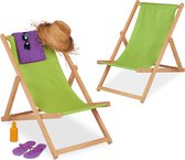 Relaxdays strandstoel hout - set van 2 - verstelbaar - tuinstoel stof - klapstoel groen