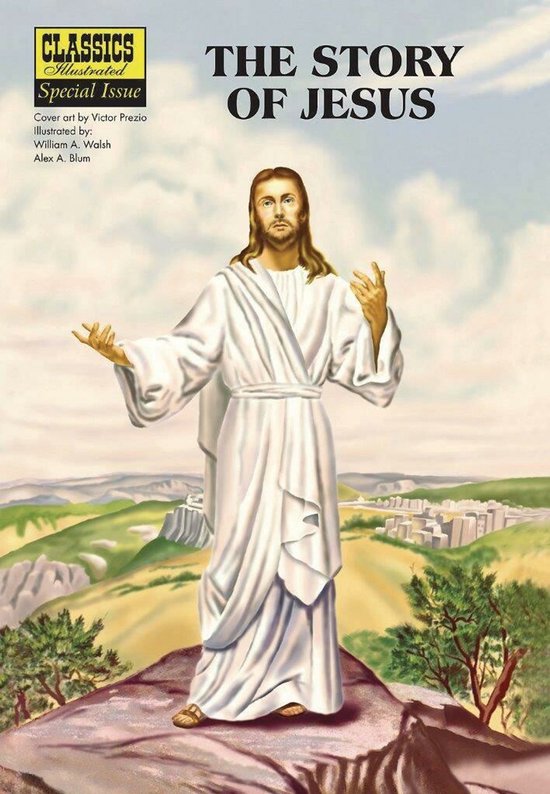 Klassieke strip "The Story of Jesus" met een illustratie van Jezus in een wit gewaad, staande op een rots met een stad op de achtergrond.