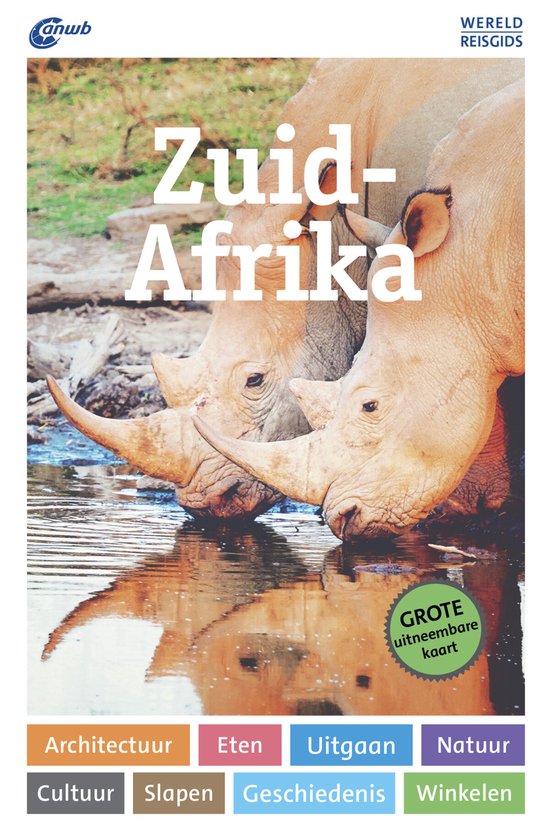 Boekomslag met twee neushoorns aan de waterkant. Titel: Zuid-Afrika. Met 'Grote uitneembare kaart'.
