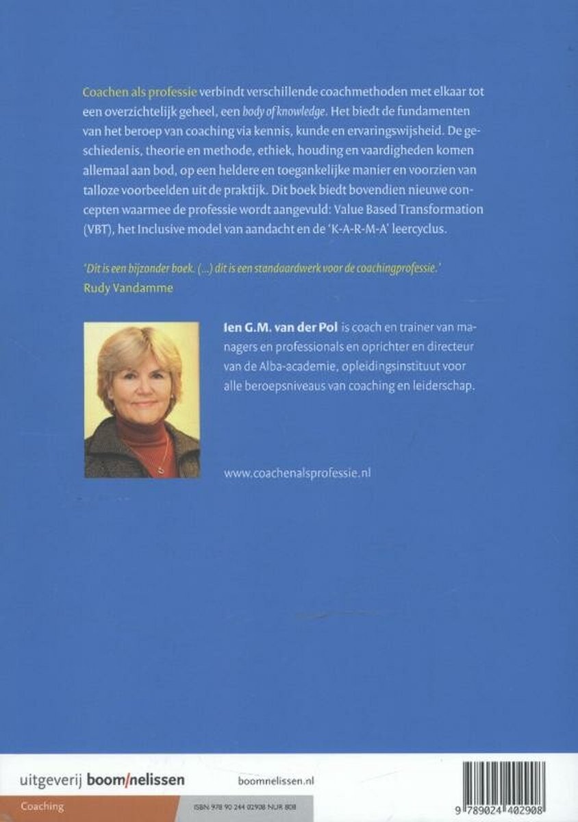 Achterkant boek met foto van auteur en tekst over 'Coachen als professie'.