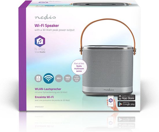 Multiroom Speaker | Wi-Fi | Handheld Ontwerp / Tafelmodel | 30 W | App-gestuurd | Nedis® N-Play | Batterij speelduur: Tot 6 Uur | Handgreep | Grijs - Nedis