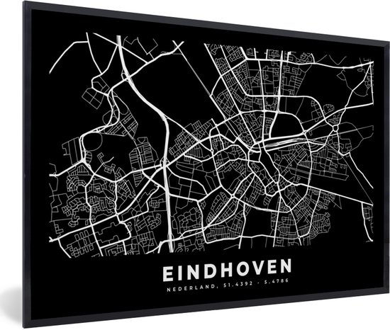 Fotolijst incl. Poster - Eindhoven - Kaart - Zwart - 120x80 cm - Posterlijst