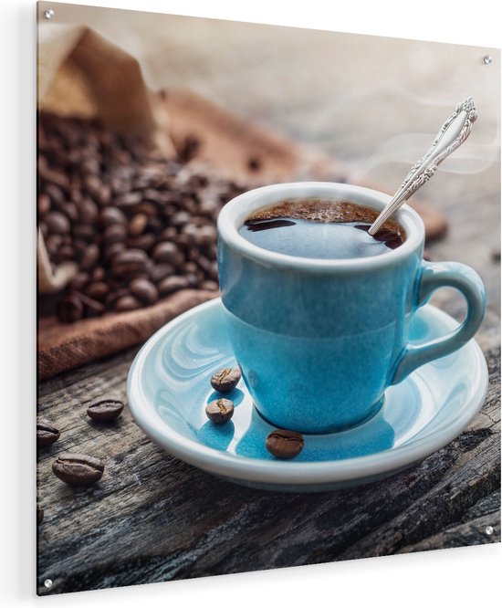 Artaza Glasschilderij - Blauw Kopje Koffie Met Koffiebonen - Plexiglas Schilderij - Foto op Glas