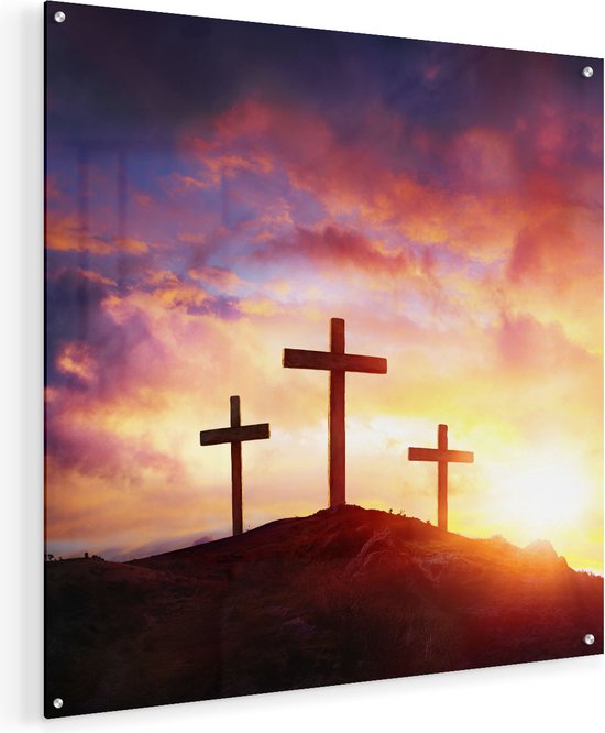 Artaza Glasschilderij - Kruisiging van Jezus Christus - Drie Kruisen - Plexiglas Schilderij - Foto op Glas