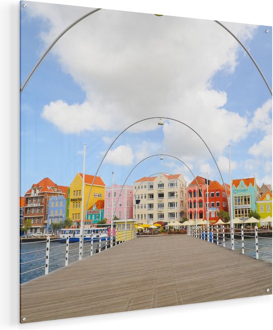 Artaza Glasschilderij - Willemstad Gekleurde Huisjes in Curaçao - 90x90 - Groot - Plexiglas Schilderij - Foto op Glas