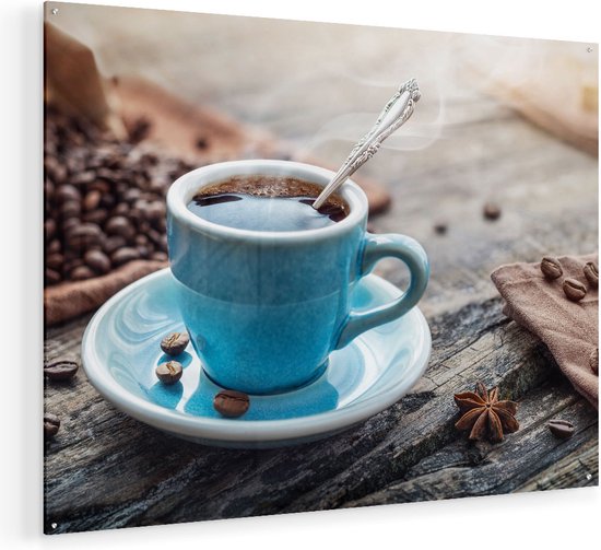 Artaza Glasschilderij - Blauw Kopje Koffie Met Koffiebonen - Plexiglas Schilderij - Foto op Glas