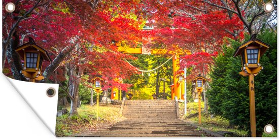 Tuinposter Japanse tuin in de herfst - 80x40 cm - Wanddecoratie Buiten - Tuinposter - Tuindoek - Schuttingposter - Tuinschilderij