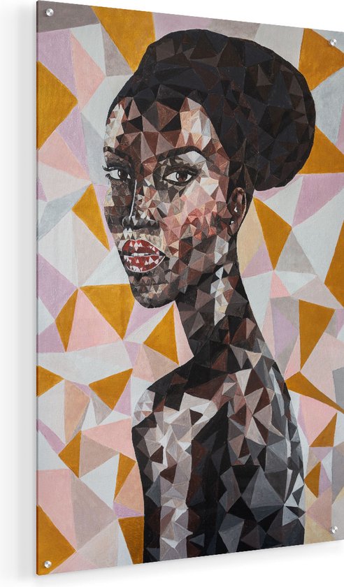 Artaza Glasschilderij - Afrikaanse Vrouw In Driehoekjes - Abstract - 50x75 - Plexiglas Schilderij - Foto op Glas
