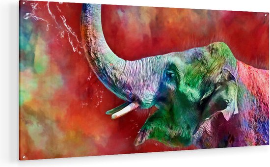 Artaza Glasschilderij - Getekende Vrolijke Olifant - Abstract - 120x60 - Groot - Plexiglas Schilderij - Foto op Glas