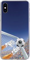 Geschikt voor iPhone Xs hoesje - Een illustratie van een keeper die de voetbal tegenhoudt - Jongetje - Meisjes - Kind - Siliconen Telefoonhoesje