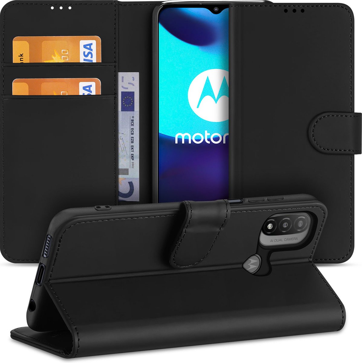Telefoon Hoesje Motorola Moto E20 Book Case Zwart met Pasjeshouder