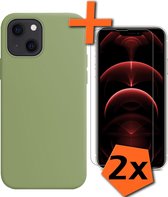 iPhone 13 Mini Hoesje Siliconen Case Met 2x Screenprotector Met Dichte Notch - iPhone 13 Mini Hoes Siliconen Cover Met 2x Beschermglas - Groen