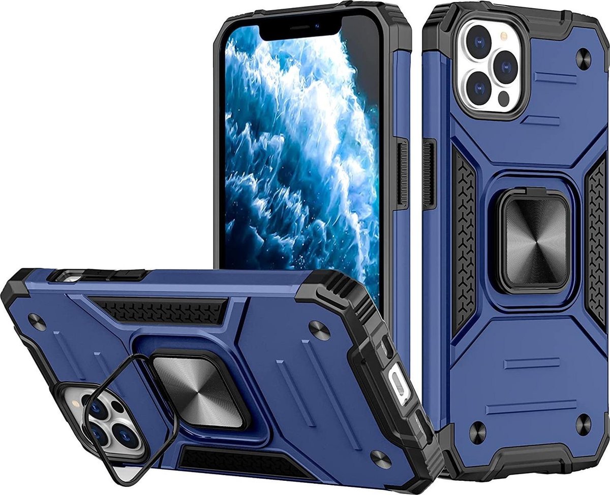 Hoesje Geschikt voor iPhone 13 - Heavy Duty Armor Hoesje met Kickstand ringhouder – Blauw