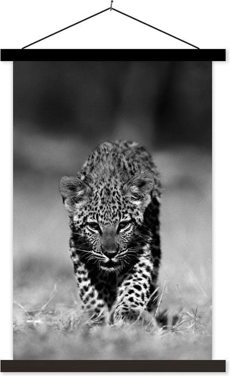 Posterhanger incl. Poster - Schoolplaat - Portret van een luipaard welp - zwart wit - 40x60 cm - Zwarte latten - TextilePosters