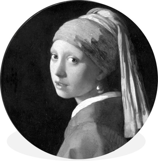 Wandcirkel - Aluminium - Meisje met de Parel - Schilderij van Johannes Vermeer - zwart wit - ⌀