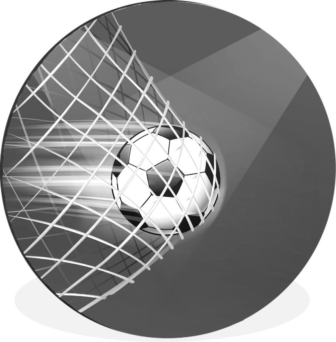 WallCircle - Wandcirkel - Muurcirkel - Een illustratie van een voetbal in het net -Jongens - Meisjes - Kinderen - Aluminium - Dibond - 120x120 cm - Binnen en Buiten XXL