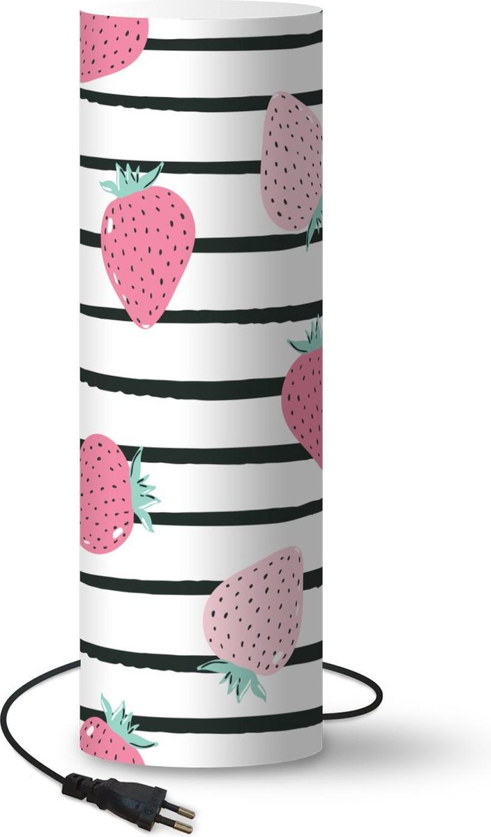 Lamp - Nachtlampje - Tafellamp slaapkamer - Zomers - Aardbeien - Roze - Strepen - 50 cm hoog - Ø15.9 cm - Inclusief LED lamp
