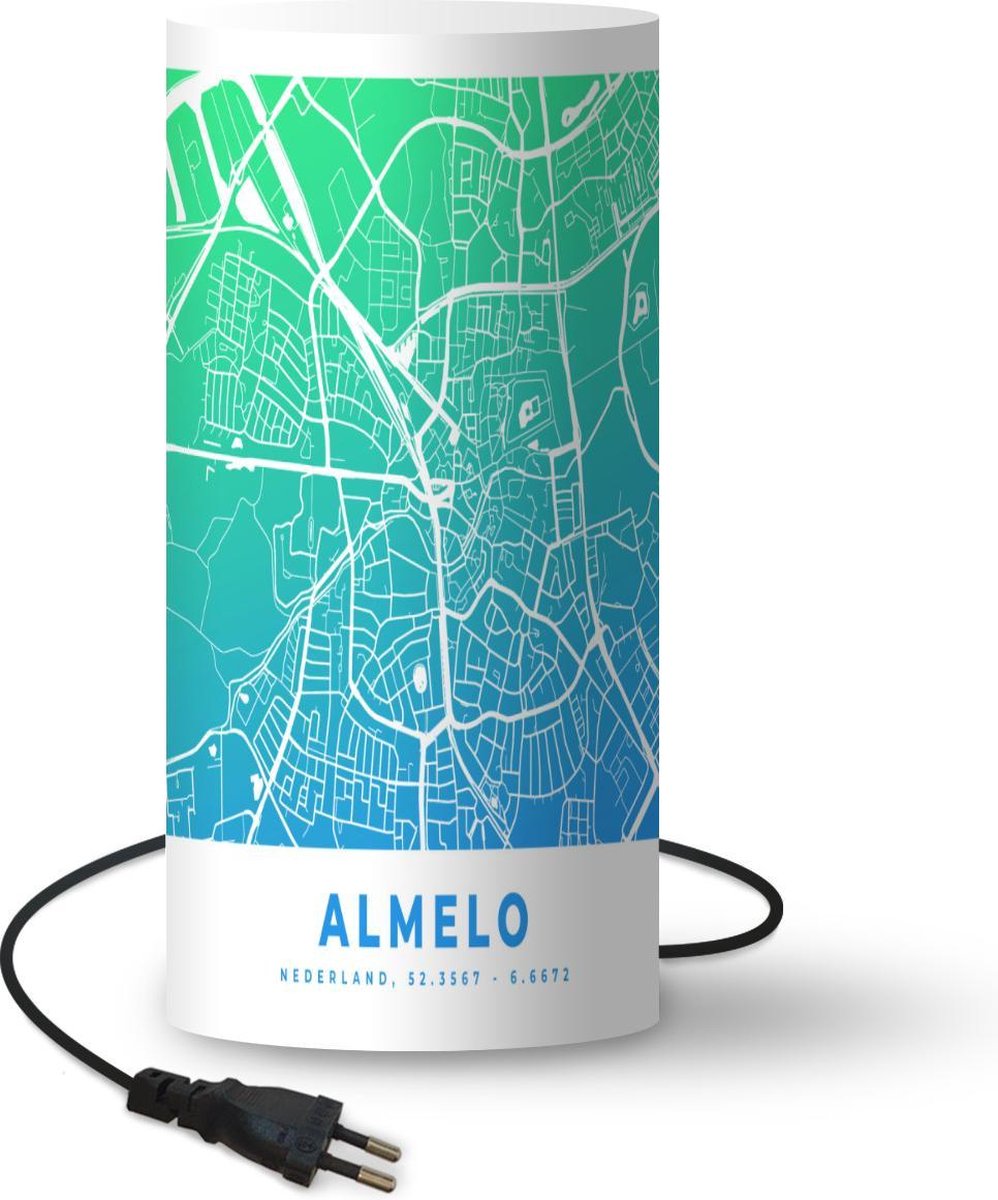 Lamp - Nachtlampje - Tafellamp slaapkamer - Stadskaart - Almelo - Blauw - 33 cm hoog - Ø15.9 cm - Inclusief LED lamp - Plattegrond