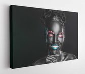 Canvas schilderij - Portrait of beautiful young woman with surreal makeup on dark background  -     1176061207 - 80*60 Horizontal