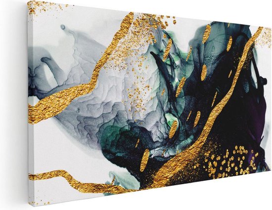 Artaza Canvas Schilderij Abstracte Kunst - Zwart Wit met Gouden Strepen - 120x60 - Groot - Foto Op Canvas - Canvas Print