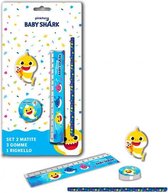 schrijfset Baby Shark junior hout/rubber blauw 4-delig