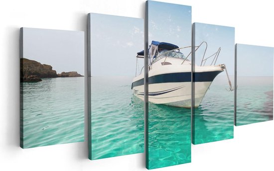 Artaza Canvas Schilderij Vijfluik Motorboot aan het Strand met Blauw Water - 100x50 - Foto Op Canvas - Canvas Print
