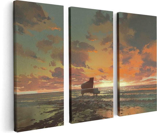 Artaza - Toile Peinture Triptyque - Piano sur la Plage au Coucher du Soleil - 120x80 - Photo sur Toile - Impression sur Toile
