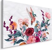 Schilderij - Bloemen en Kolibrie in Aquarel (print op canvas), multi-gekleurd, 4 maten, wanddecoratie