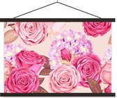 Posterhanger incl. Poster 60x40 cm - Schoolplaat - Rozen - Hortensia's - Bloemen - Roze - Textielposter - Zwarte latten