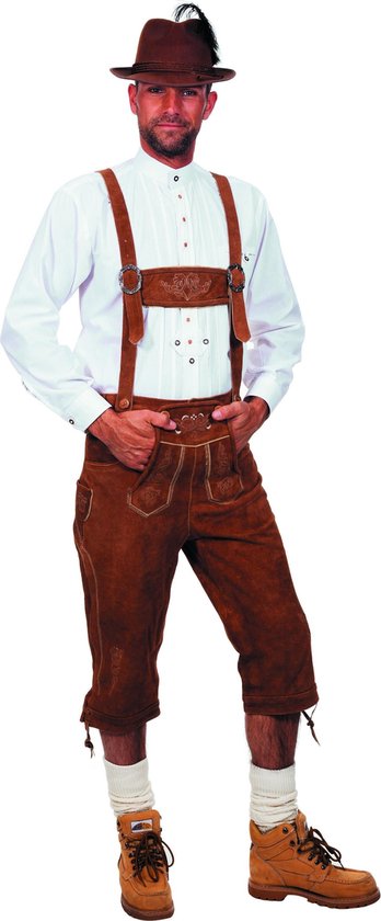 Echte lederhosen Kniebund Camel kleur met traditionele borduursel en Hosenträger| Oktoberfest kleding maat 56 (XXL)