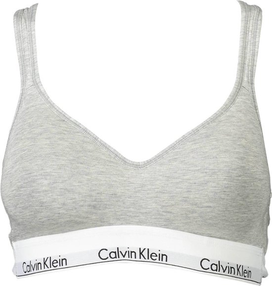 Grijze Calvin Klein bralette met diepe V-hals en witte band met logo.