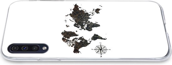 Telefoonhoesje Geschikt voor Samsung Galaxy A50 hoesje - Wereldkaart - Goud - Zwart - Windroos - Siliconen Telefoonhoesje Telefoonhoesje