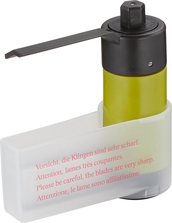 Limegroene Hakmolen opzetstuk met mesjes en beschermkap. Tekst: 'Attention, the blades are very sharp.'