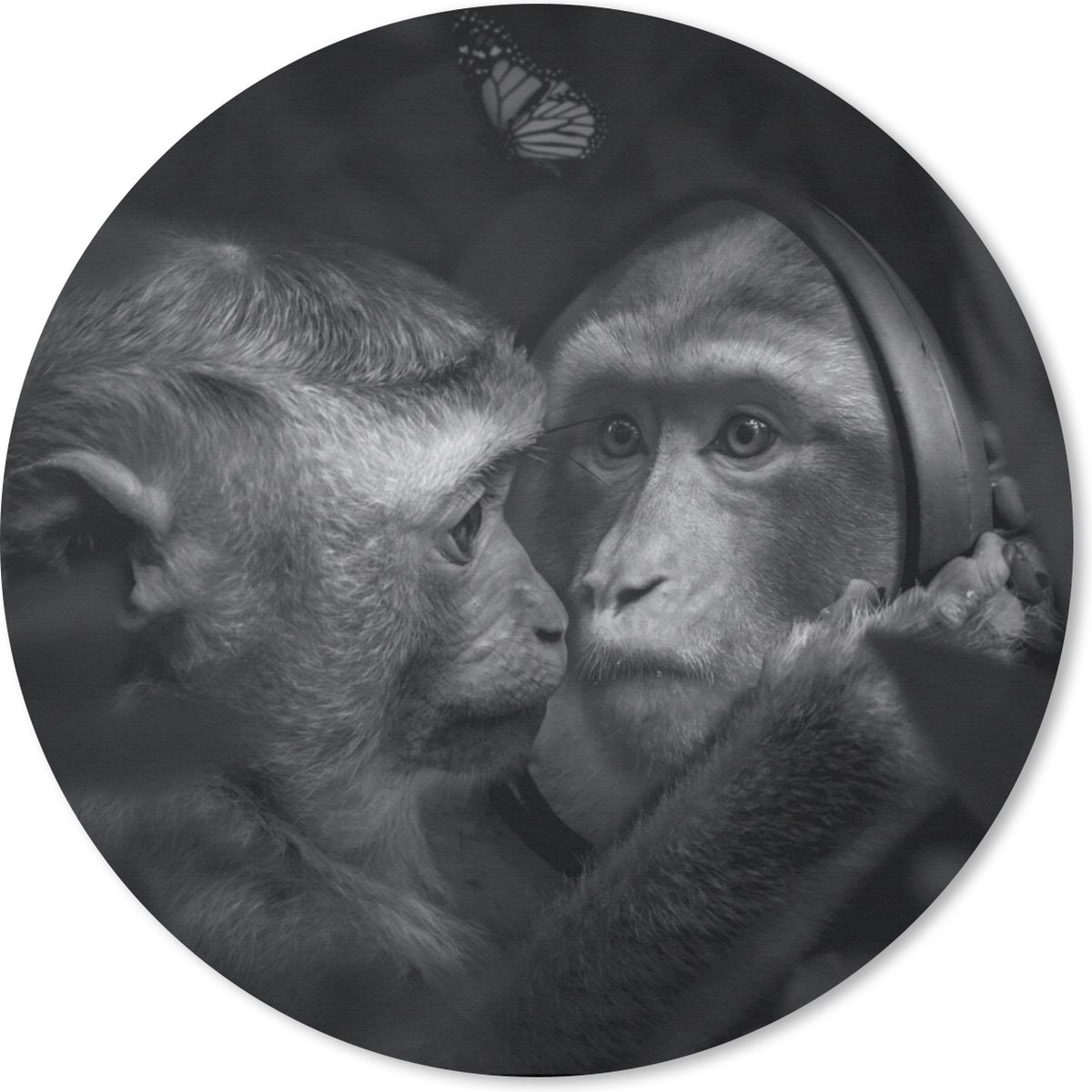 Muismat rond 20x20 cm - Mousepad Vlinder - Aap - Dieren - Jungle - Zwart - Wit - Ronde muismatten