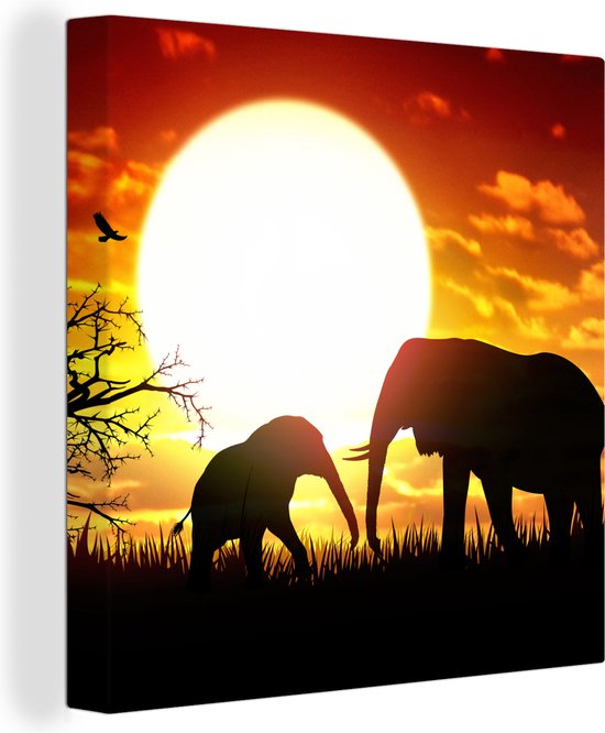 Tableau sur toile Un dessin d'éléphants au coucher du soleil - 50x50 cm -  Décoration... | bol