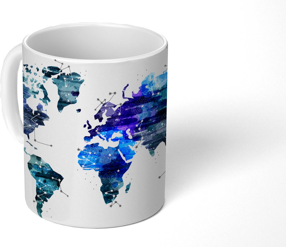 Mok - Koffiemok - Wereldkaart - Sterrenhemel - Blauw - Mokken - 350 ML - Beker - Koffiemokken - Theemok