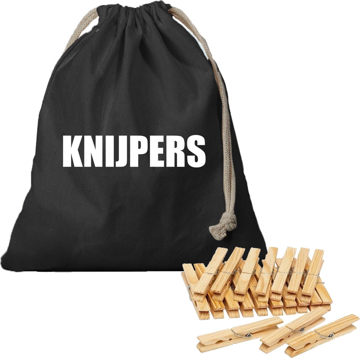 Canvas knijperzak/ opbergzakje knijpers zwart met koord 25 x 30 cm en 100 houten wasknijpers