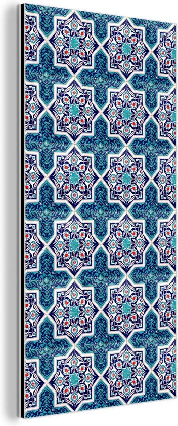 Wanddecoratie Metaal - Aluminium Schilderij Industrieel - Een Marokkaanse Mozaïek tegelpatroon waar de kleur blauw vooral is gebruikt - 20x40 cm - Dibond - Foto op aluminium - Industriële muurdecoratie - Voor de woonkamer/slaapkamer