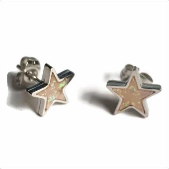 Aramat jewels ® - Zweerknopjes oorbellen ster opaal zilverkleurig chirurgisch staal 10mm