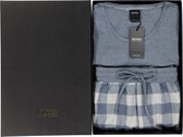 HUGO BOSS heren pyjama in cadeauverpakking - Cosy long set katoen - jeansblauw met geruite broek -  Maat: XL
