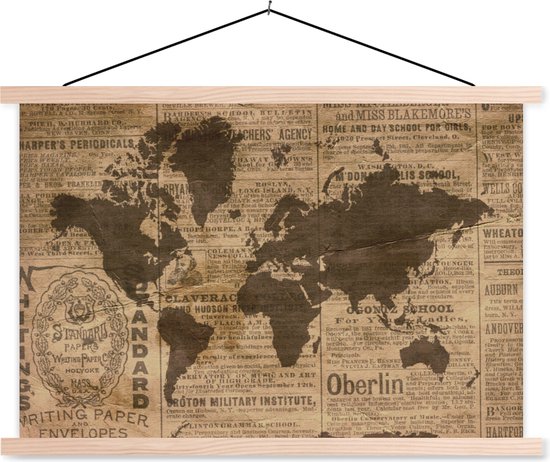 Foto: Wanddecoratie wereldkaart retro krant schoolplaat 150x100 cm textielposter textiel poster