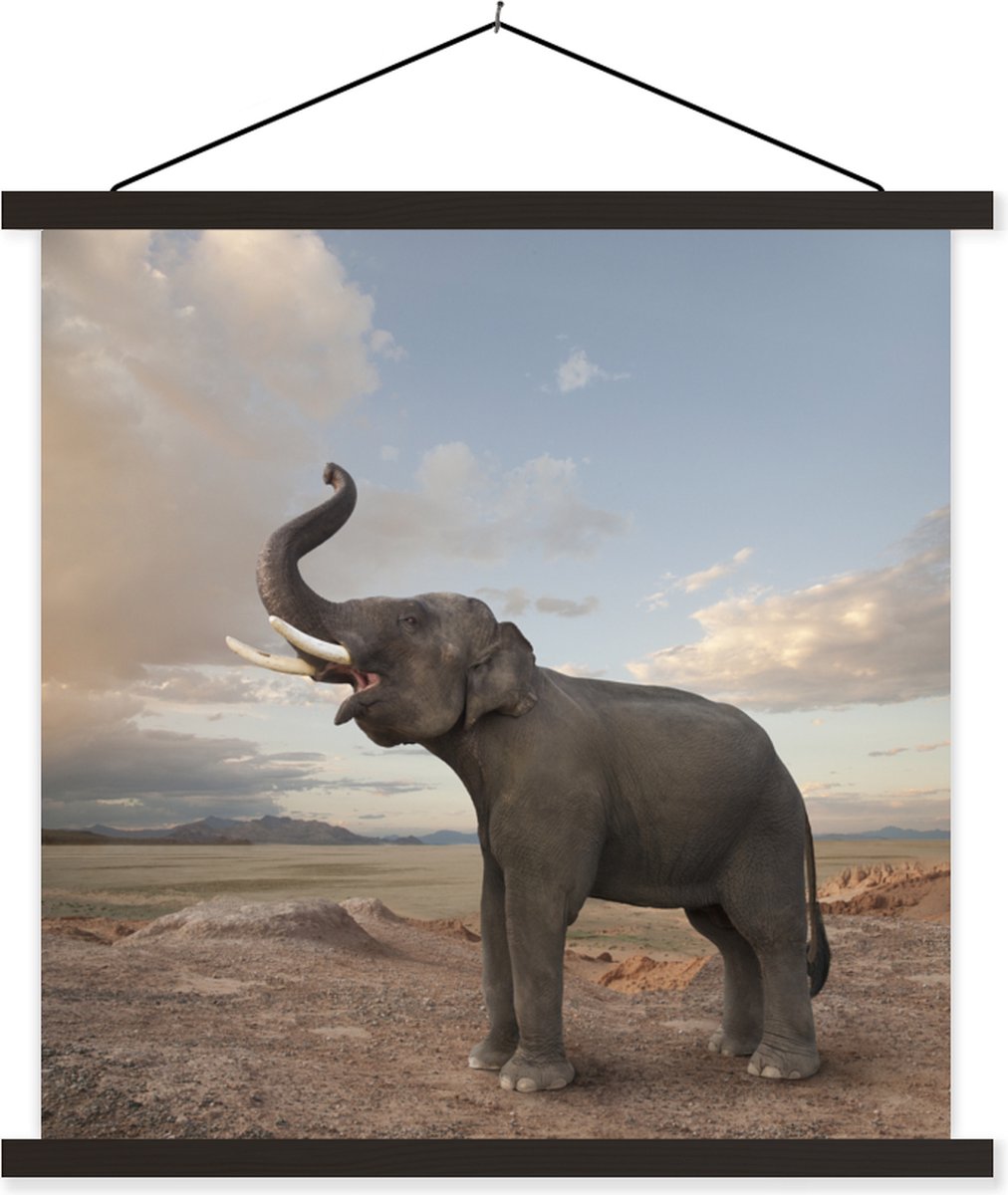 Poster éléphant trompette dans le désert en textielposter 120x120 cm | bol