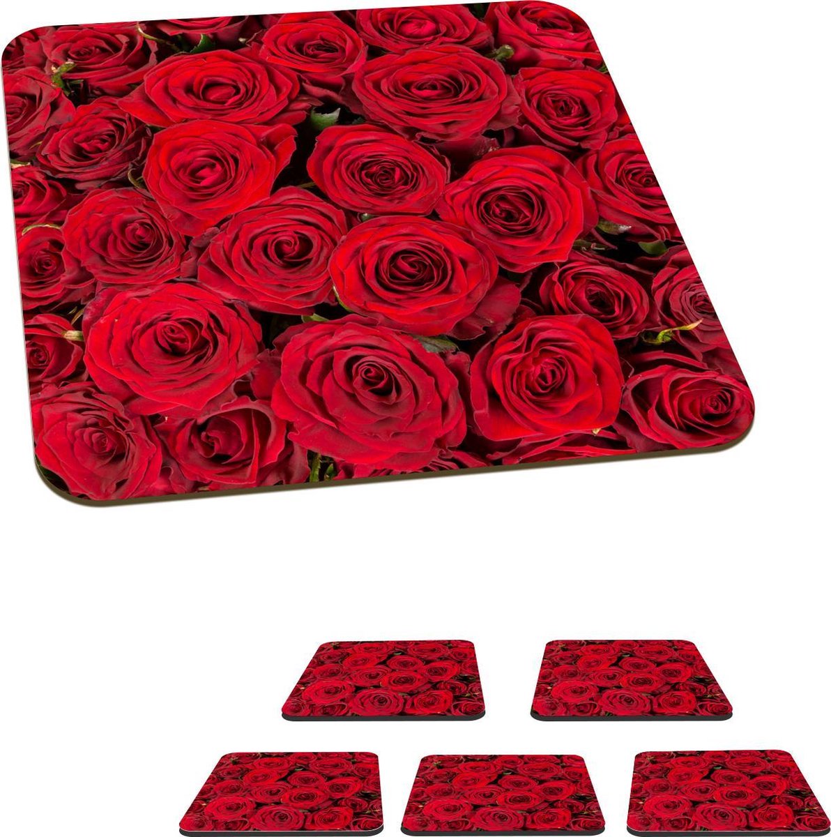 Onderzetters voor glazen - Rozen - Boeket - Rood - 10x10 cm - Glasonderzetters - 6 stuks