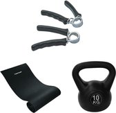 Tunturi - Fitness Set - Kettlebell 10 kg - Fitnessmat 160 x 60 x 0,7 cm - Knijphalters 2 stuks
