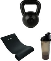Tunturi - Fitness Set - Kettlebell 16 kg - Fitnessmat 160 x 60 x 0,7 cm - Shakebeker
