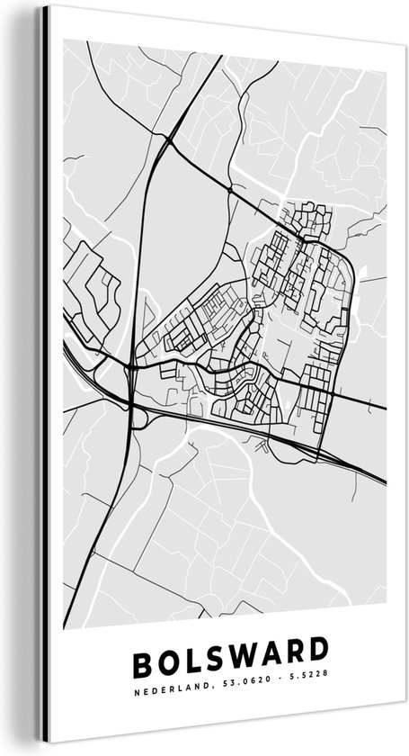 Wanddecoratie Metaal - Aluminium Schilderij Industrieel - Stadskaart - Bolsward - Grijs - Wit - 80x120 cm - Dibond - Foto op aluminium - Industriële muurdecoratie - Voor de woonkamer/slaapkamer - Plattegrond