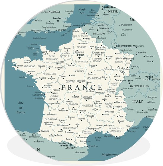 Wandcirkel - Kunststof - Blauwe kaart van Frankrijk - ⌀