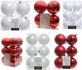 Kerstversiering kunststof kerstballen kleuren mix rood/winter wit 6-8-10 cm pakket van 44x stuks